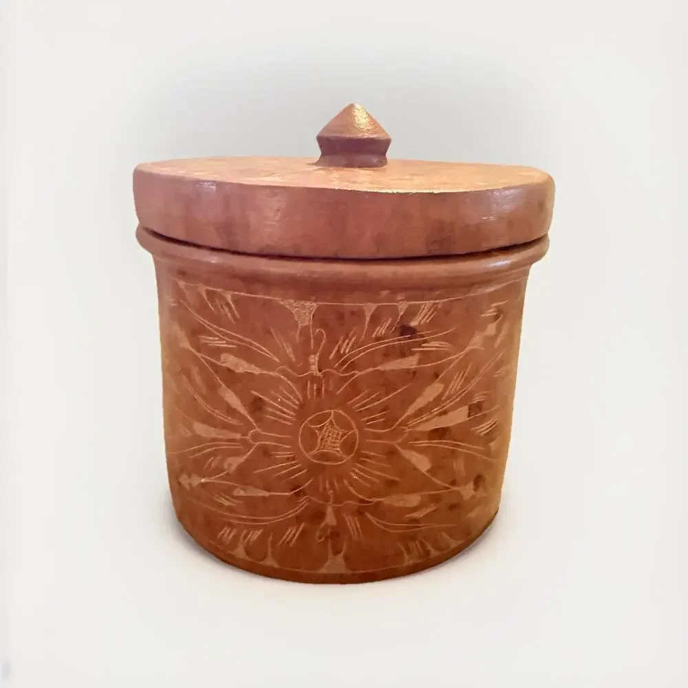 Vintage Pier One Indonesian Sasak Heavy Carved Pottery With Lid 6.75 x6 Inches